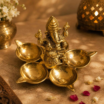 Sacred Needs Brass Ganesha Vilakku with 5 Deepam – 4 Inch (10.2 cm) Height | Traditional Brass Oil Lamp with Lord Ganesha for Pooja Room, Temple & Spiritual Décor