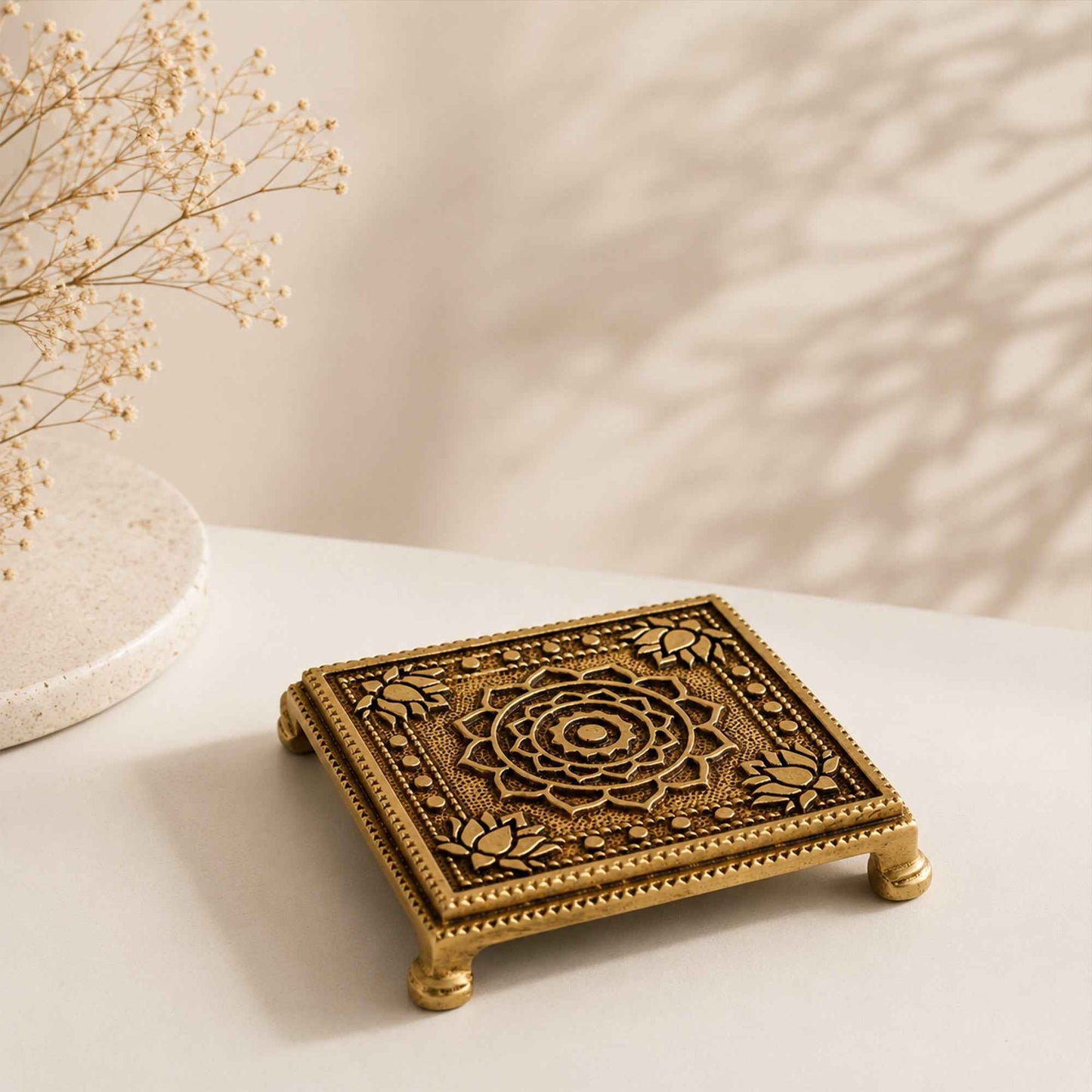 Sacred Needs Brass Mini Table Stand – 1 Inch (2.5 cm) Height | Traditional Brass Chowki for Idols, Lamps, Pooja Items & Home Temple Décor