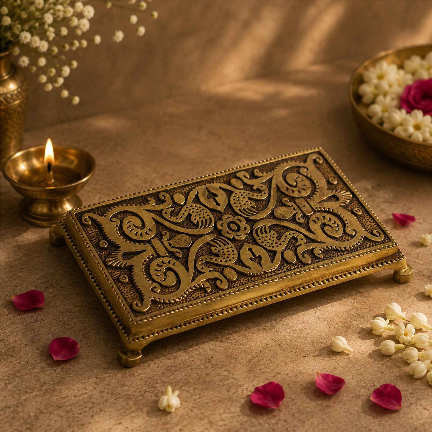 Sacred Needs Brass Rectangle Table – 0.8 Inch (2 cm) Height | Decorative Brass Display Stand for Idols, Diyas, Pooja Items & Home Décor