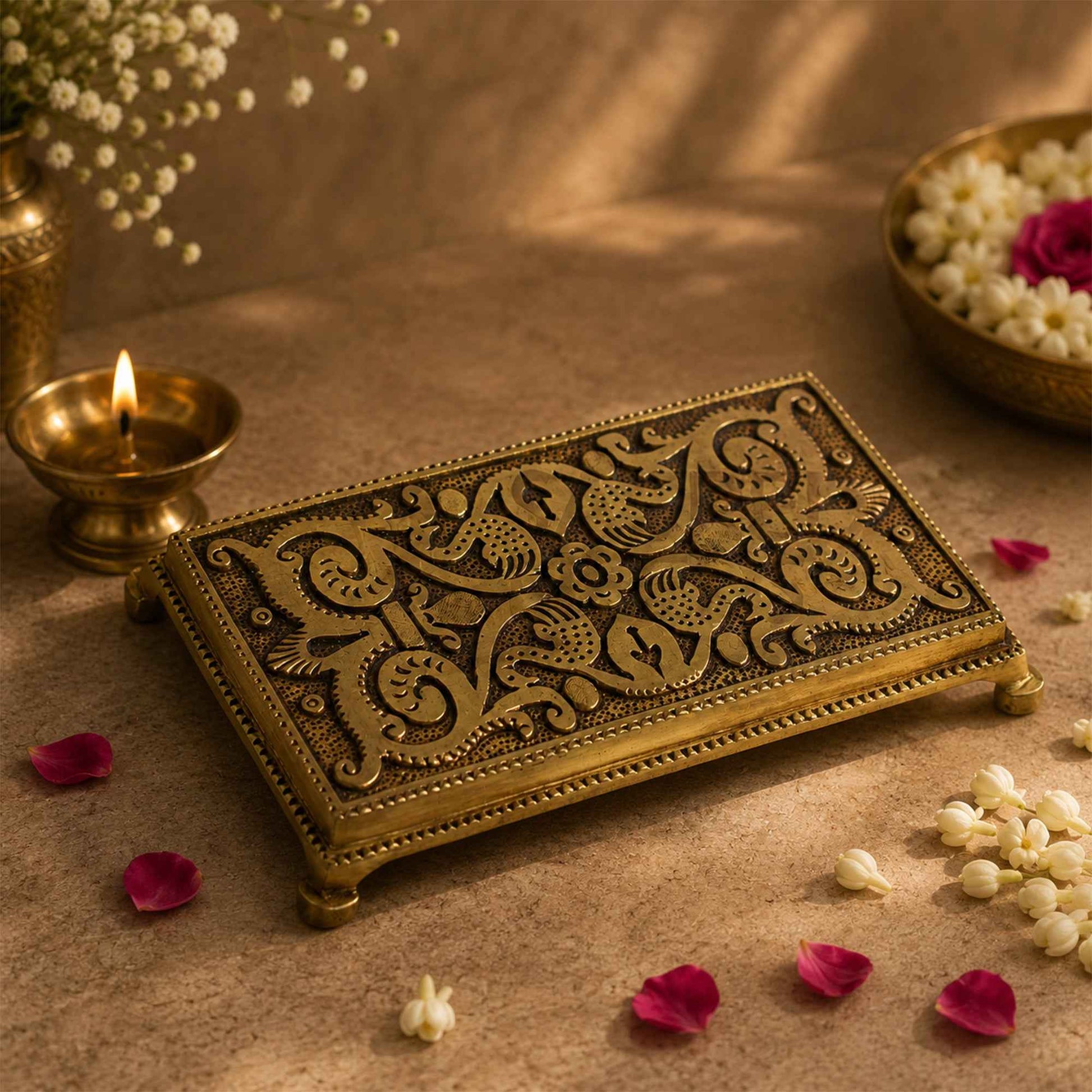 Sacred Needs Brass Rectangle Table – 0.8 Inch (2 cm) Height | Decorative Brass Display Stand for Idols, Diyas, Pooja Items & Home Décor