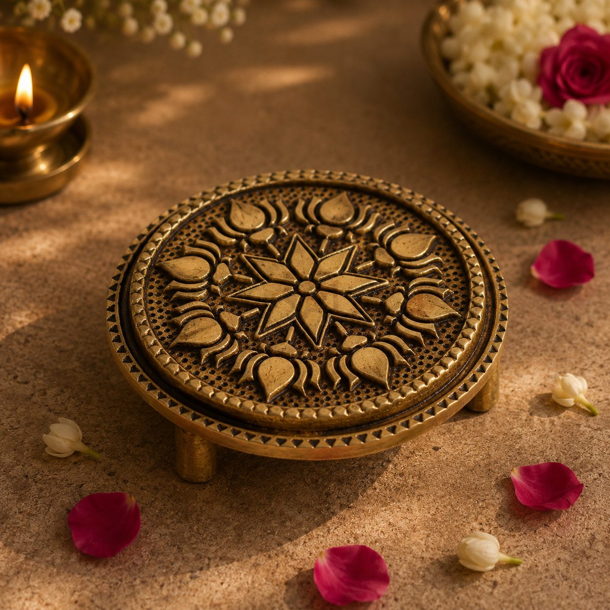 Sacred Needs Brass Round Table Stand – 0.7 Inch (1.8 cm) Height | Mini Brass Pedestal Base for Idols, Lamps, Pooja Items & Home Temple Décor