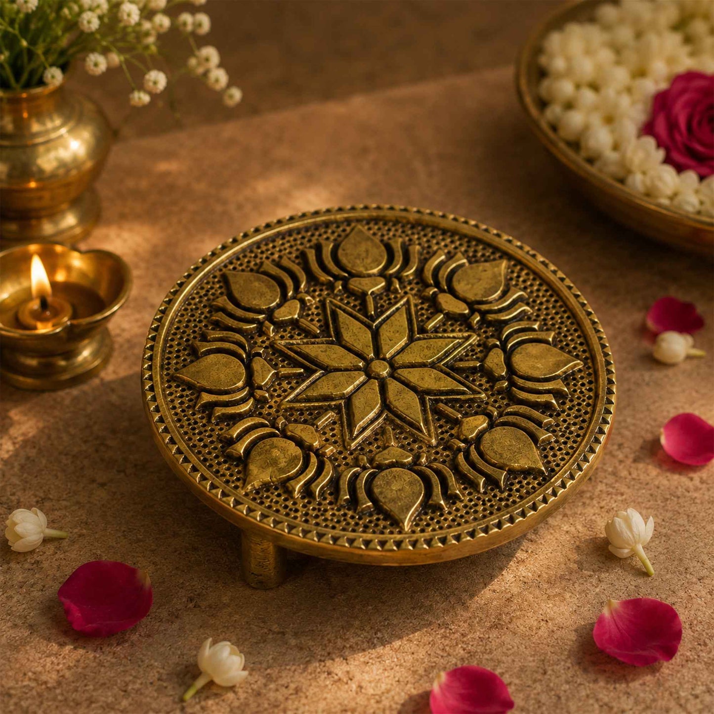 Sacred Needs Brass Round Table Stand – 0.8 Inch (2 cm) Height | Traditional Brass Chowki Base for Idols, Diyas, Kalash & Pooja Room Décor
