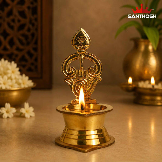 Sacred Needs Brass LF Tamil Om Vel Vilakku – 4.6 Inch (11.7 cm) Height | Traditional Brass Om Vel Deepam Lamp for Lord Murugan Pooja, Temple & Home Worship