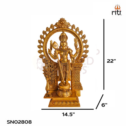 Sacred Needs Brass Murugan with Arch Idol – 22 Inch (55.9 cm) Height | Lord Murugan Statue with Prabhavali Arch for Temple, Pooja Room & Spiritual Home Décor