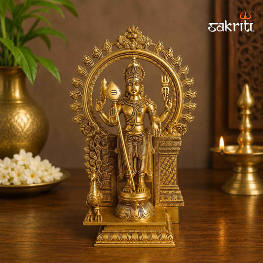 Sacred Needs Brass Murugan with Arch Idol – 22 Inch (55.9 cm) Height | Lord Murugan Statue with Prabhavali Arch for Temple, Pooja Room & Spiritual Home Décor