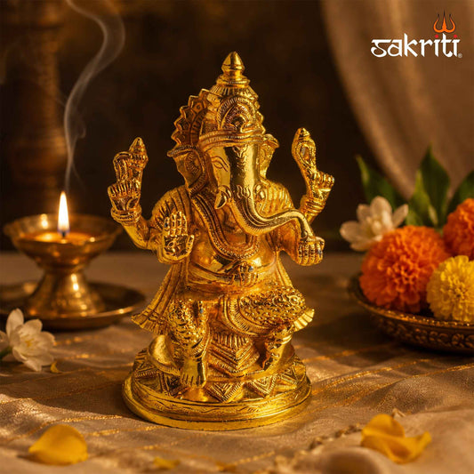 Sacred Needs Brass Lord Ganesha Idol – 6.4 Inch (16.3 cm) Height | Premium Brass Ganpati Murti for Pooja Room, Home Temple, Office & Spiritual Décor
