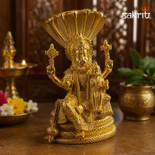 Sacred Needs Brass Lord Narasimha with Adisesha Idol – 8.3 Inch (21.1 cm) Height | Lakshmi Narasimha Brass Statue for Pooja Room, Temple & Spiritual Home Décor