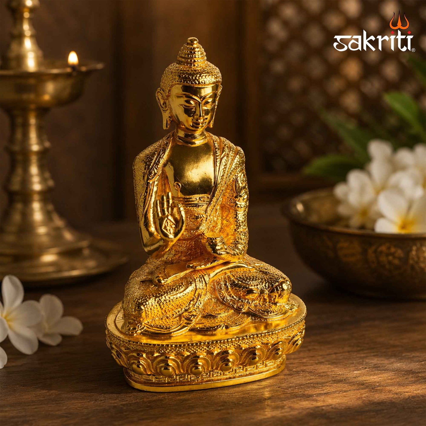 Sacred Needs Brass Buddha Idol (Gold Polish) – 7.8 Inch (19.8 cm) Height | Meditating Buddha Statue for Home Décor, Meditation, Office & Spiritual Serenity