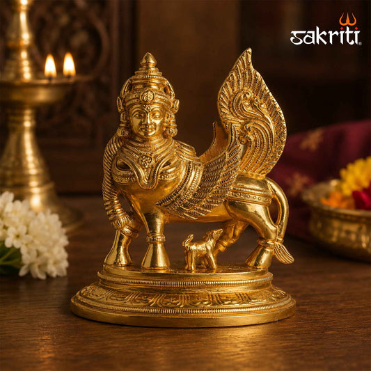 Sacred Needs Brass Kamadhenu Cow with Calf Idol – 6 Inch (15.2 cm) Height | Divine Kamadhenu Statue for Pooja Room, Home Temple, Vastu & Spiritual Décor