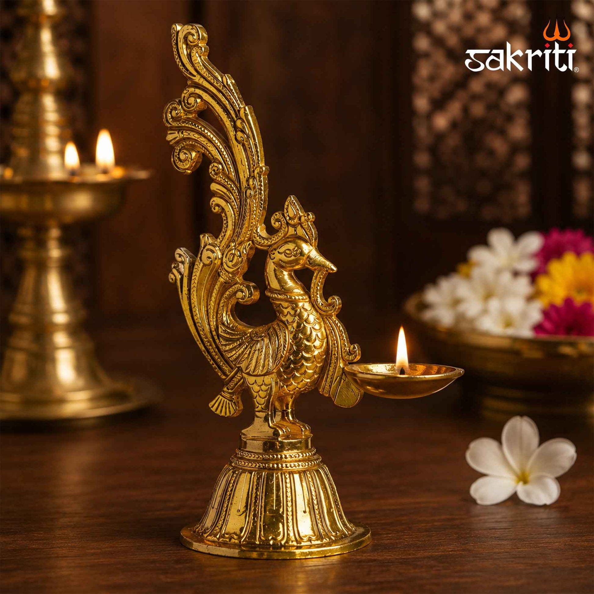 Sacred Needs Brass Annam Vilakku (GP) – 9.5 Inch (24.1 cm) Height | Traditional Brass Peacock Kuthu Vilakku Oil Lamp for Pooja, Temple, Diwali & Home Décor