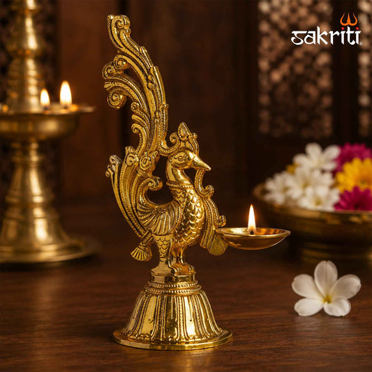 Sacred Needs Brass Annam Vilakku (GP) – 9.5 Inch (24.1 cm) Height | Traditional Brass Peacock Kuthu Vilakku Oil Lamp for Pooja, Temple, Diwali & Home Décor