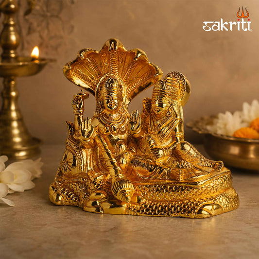 Sacred Needs Brass Vishnu Lakshmi Idol – 6.3 Inch (16 cm) Height | Lord Vishnu & Goddess Lakshmi Statue for Pooja Room, Home Temple, Wealth & Prosperity