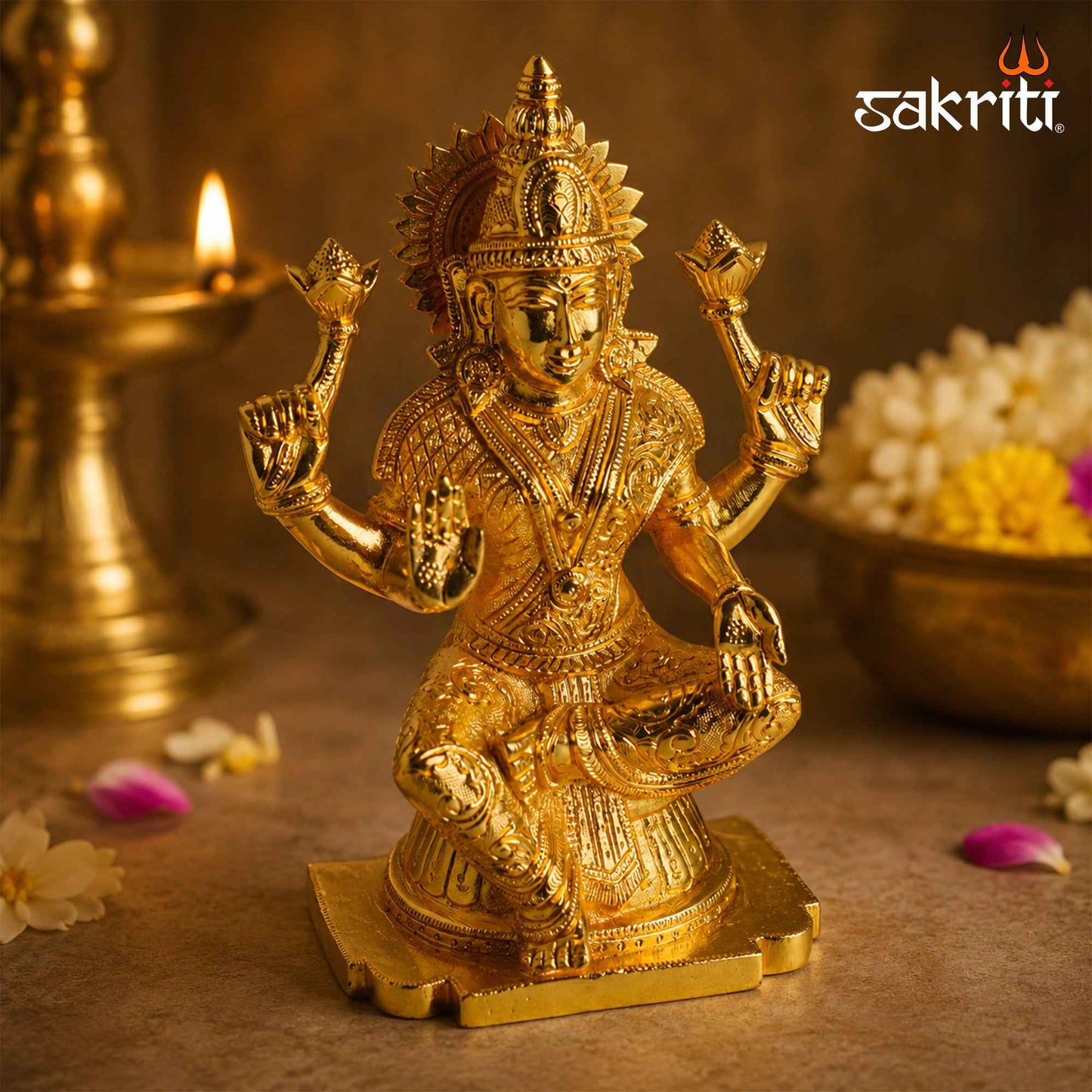 Sacred Needs Brass Goddess Lakshmi Idol – 9.5 Inch (24.1 cm) Height | Mahalakshmi Brass Statue for Pooja Room, Home Temple, Wealth, Prosperity & Spiritual Décor