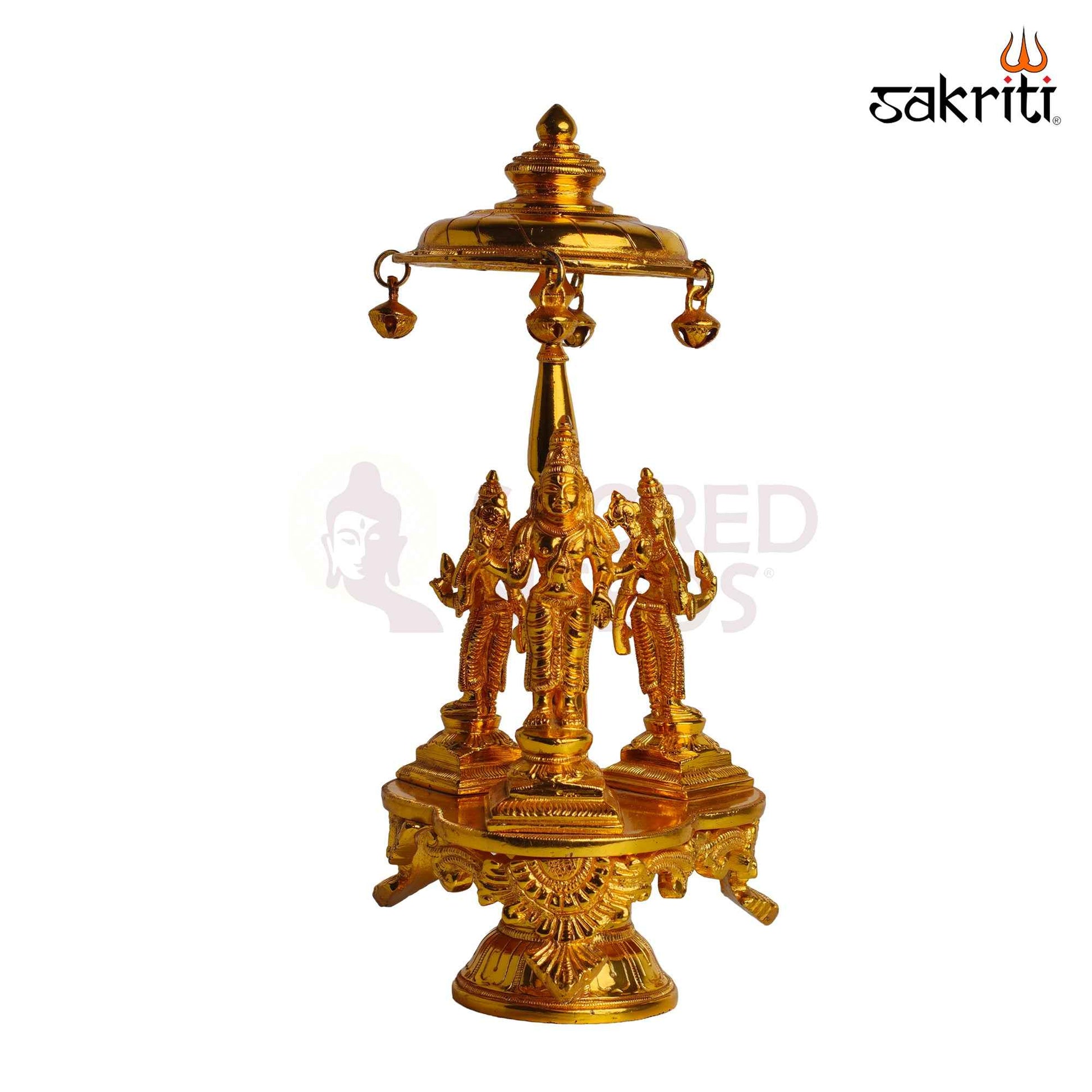 Sacred Needs Brass Perumal Set with Chatri Idol – 9.9 Inch (25.1 cm) Height | Lord Venkateswara Balaji with Sridevi & Bhudevi Statue for Home Temple, Pooja & Spiritual Décor