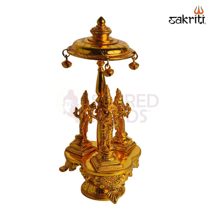 Sacred Needs Brass Perumal Set with Chatri Idol – 9.9 Inch (25.1 cm) Height | Lord Venkateswara Balaji with Sridevi & Bhudevi Statue for Home Temple, Pooja & Spiritual Décor