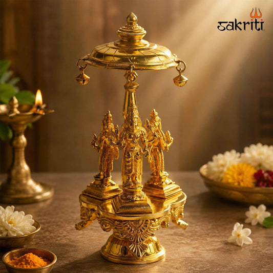 Sacred Needs Brass Perumal Set with Chatri Idol – 9.9 Inch (25.1 cm) Height | Lord Venkateswara Balaji with Sridevi & Bhudevi Statue for Home Temple, Pooja & Spiritual Décor