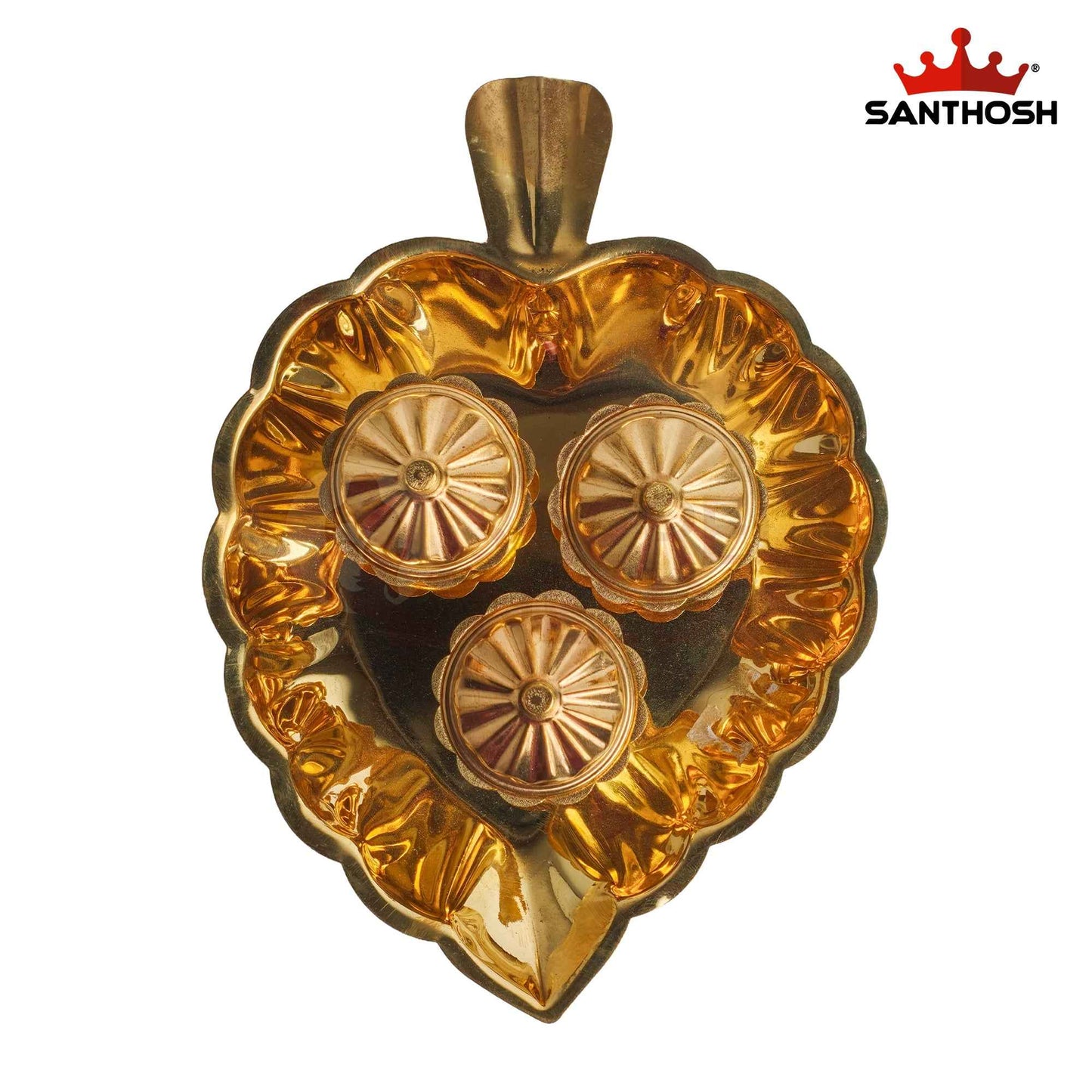 Sacred Needs Brass Leaf Plate with 3 Kumkum Pots – 1.7 Inch (4.3 cm) Height | Traditional Brass Kumkum Holder Tray for Pooja, Haldi Kumkum, Return Gifts & Home Temple