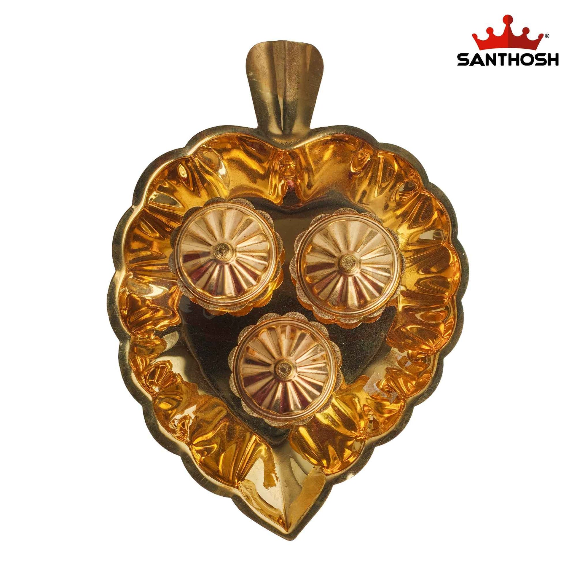 Sacred Needs Brass Leaf Plate with 3 Kumkum Pots – 1.7 Inch (4.3 cm) Height | Traditional Brass Kumkum Holder Tray for Pooja, Haldi Kumkum, Return Gifts & Home Temple