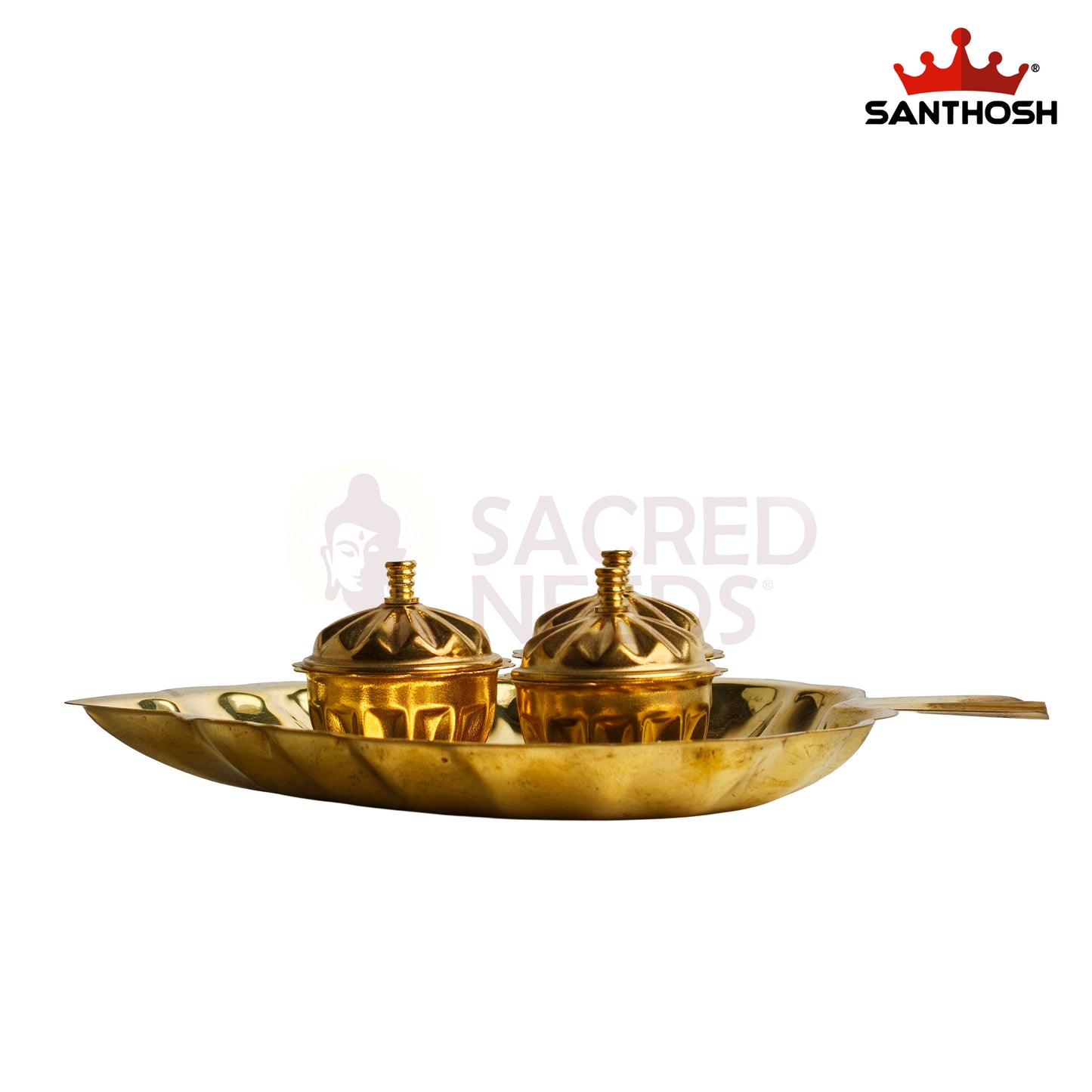 Sacred Needs Brass Leaf Plate with 3 Kumkum Pots – 1.7 Inch (4.3 cm) Height | Traditional Brass Kumkum Holder Tray for Pooja, Haldi Kumkum, Return Gifts & Home Temple