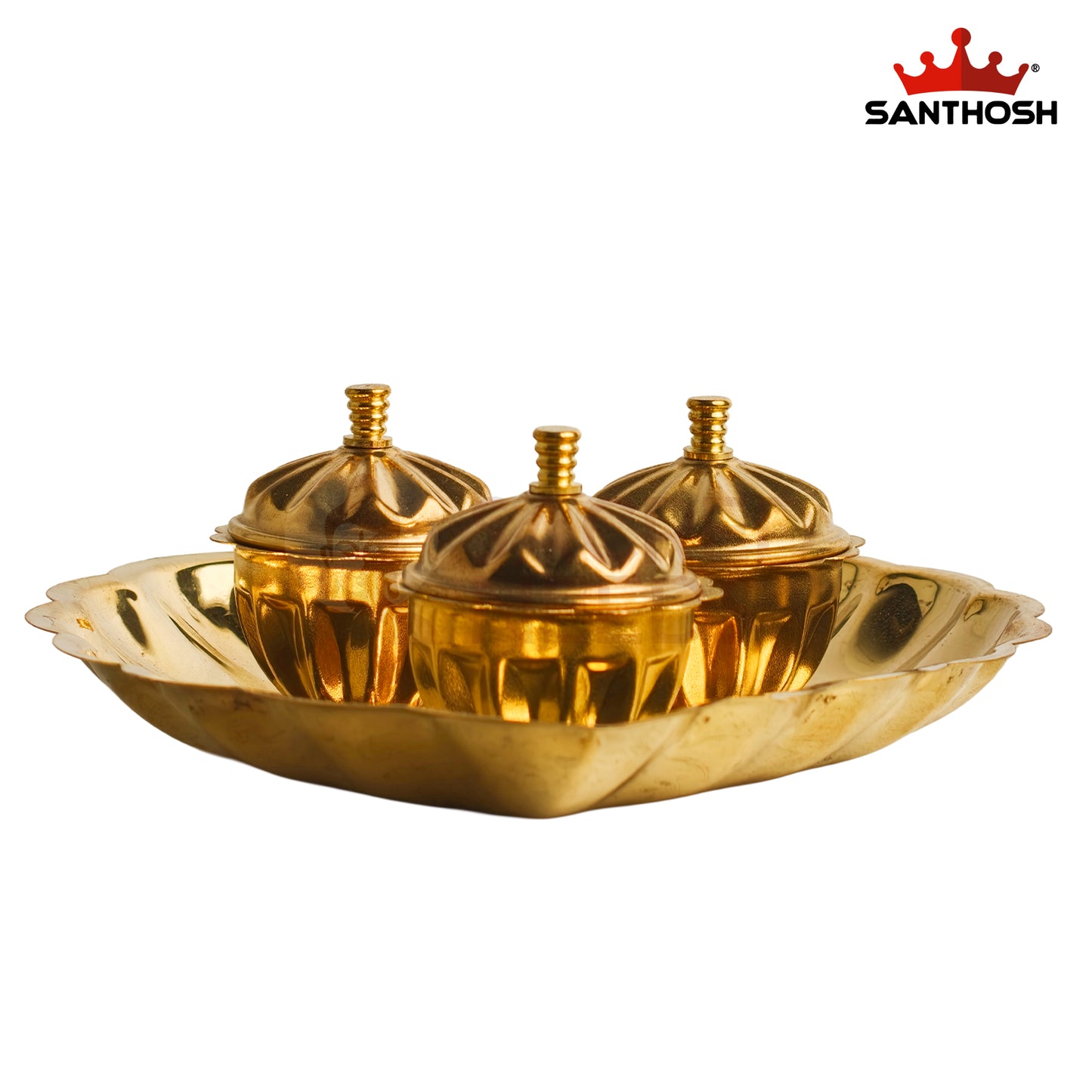 Sacred Needs Brass Leaf Plate with 3 Kumkum Pots – 1.7 Inch (4.3 cm) Height | Traditional Brass Kumkum Holder Tray for Pooja, Haldi Kumkum, Return Gifts & Home Temple