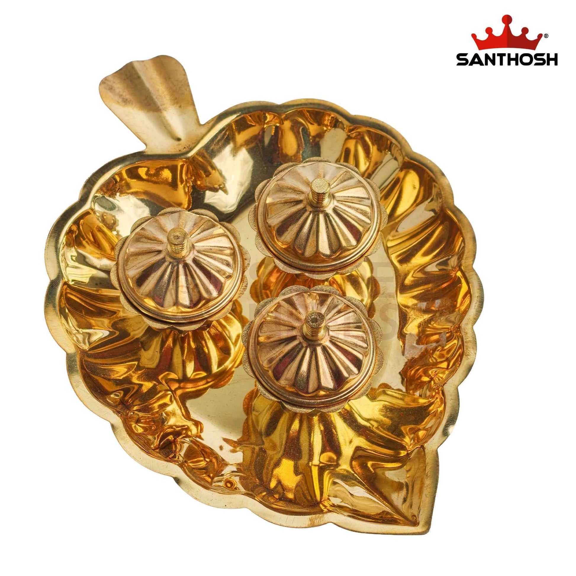 Sacred Needs Brass Leaf Plate with 3 Kumkum Pots – 1.7 Inch (4.3 cm) Height | Traditional Brass Kumkum Holder Tray for Pooja, Haldi Kumkum, Return Gifts & Home Temple