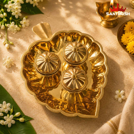 Sacred Needs Brass Leaf Plate with 3 Kumkum Pots – 1.7 Inch (4.3 cm) Height | Traditional Brass Kumkum Holder Tray for Pooja, Haldi Kumkum, Return Gifts & Home Temple
