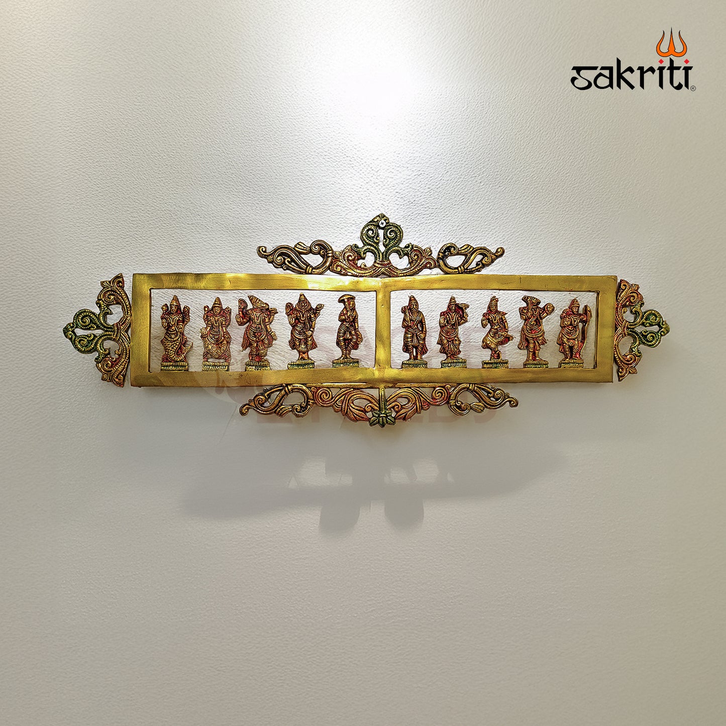 Sacred Needs Brass Dasavatara Frame – 28.5 Inch Wide Wall Hanging with Ten Avatars of Lord Vishnu | Traditional Pooja Room & Home Decor