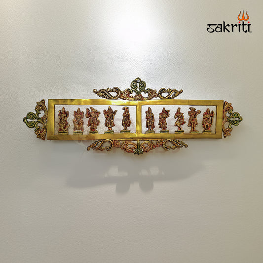 Sacred Needs Brass Dasavatara Frame – 28.5 Inch Wide Wall Hanging with Ten Avatars of Lord Vishnu | Traditional Pooja Room & Home Decor