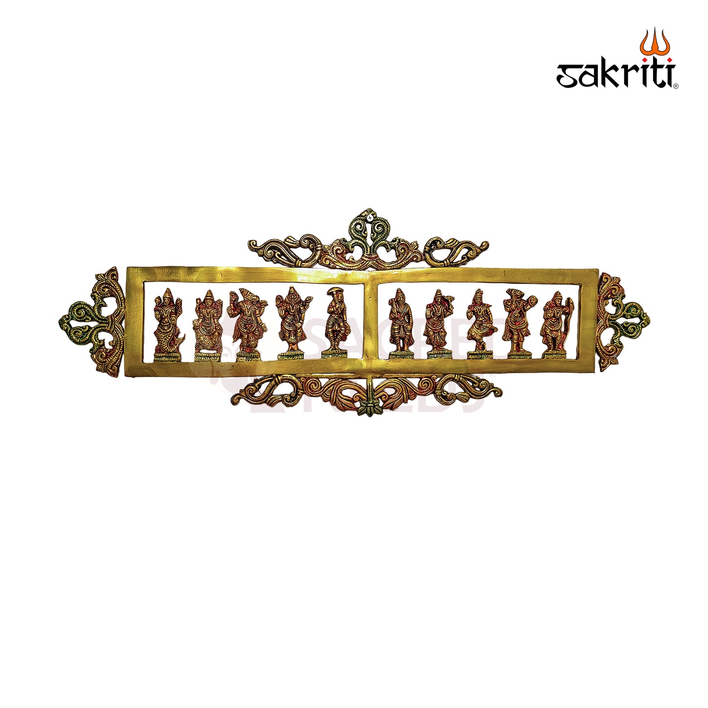 Sacred Needs Brass Dasavatara Frame – 28.5 Inch Wide Wall Hanging with Ten Avatars of Lord Vishnu | Traditional Pooja Room & Home Decor