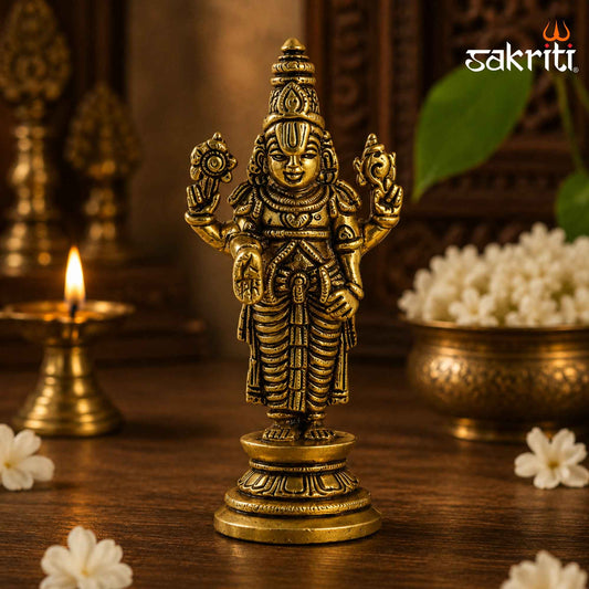 Brass Perumal Idol with Round Base – 5.5 Inch (14 cm) Height | Lord Vishnu Perumal Statue for Pooja Room & Home Temple