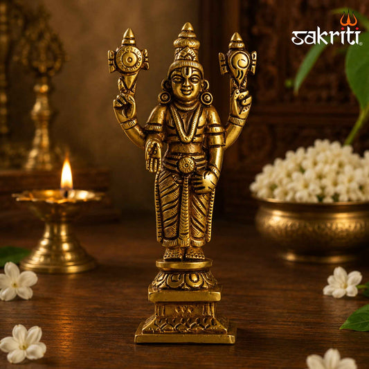 Brass Perumal Idol with Square Base – 5 Inch (12.7 cm) Height | Lord Vishnu Perumal Statue for Pooja Room & Home Temple