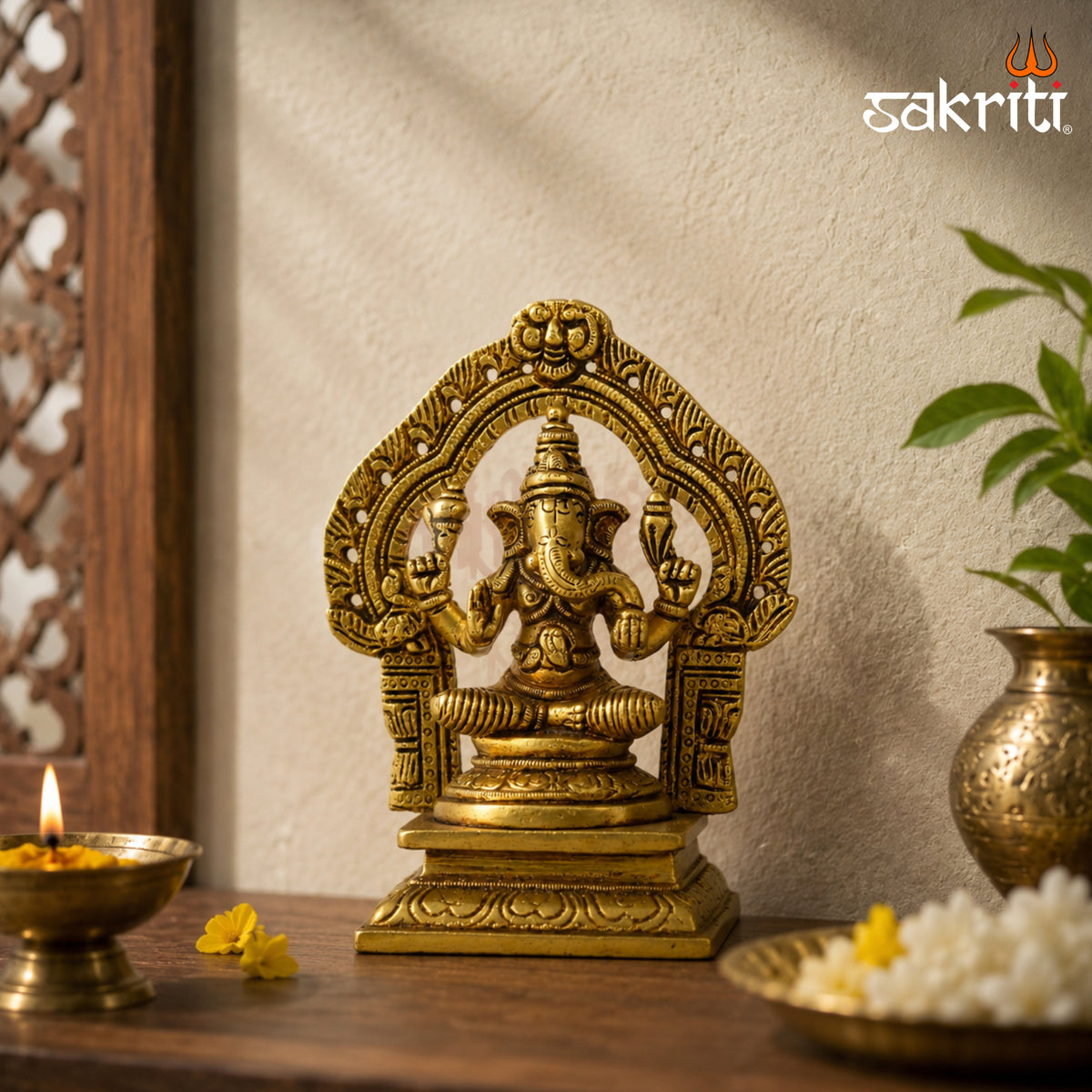 Brass Ganesha Idol with Decorative Arch – 5.3 Inch (13.5 cm) Height | Traditional Lord Ganesha Statue for Home Temple & Pooja Room.