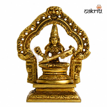 Brass Saraswathi Idol with Arch – 5.2 Inch (13.2 cm) Height | Goddess Saraswati Statue for Pooja Room, Home Temple & Study Room Décor.