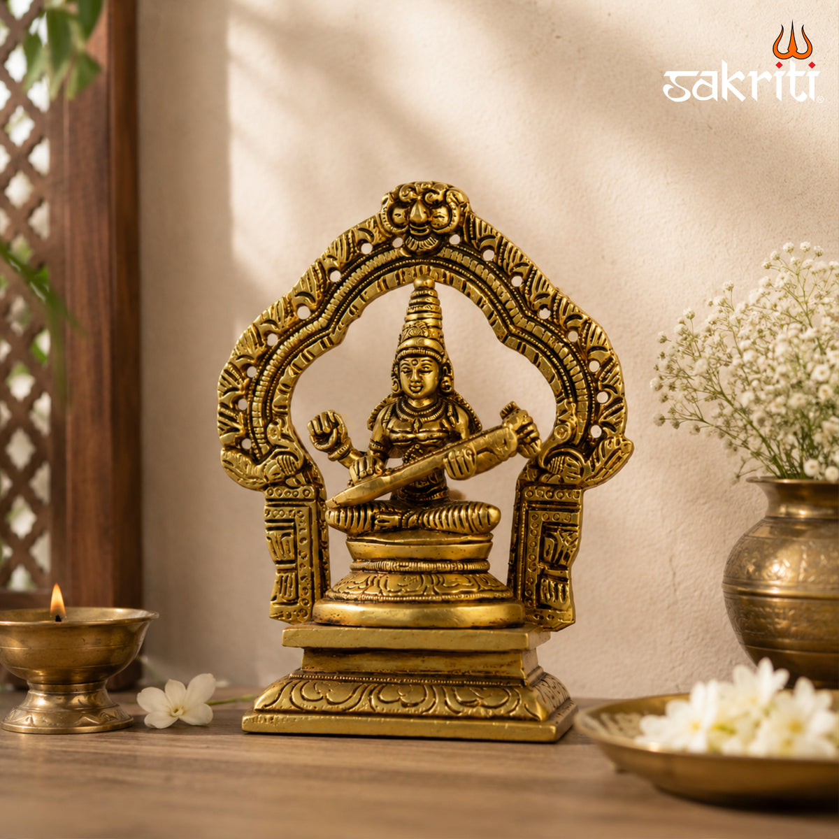 Brass Saraswathi Idol with Arch – 5.2 Inch (13.2 cm) Height | Goddess Saraswati Statue for Pooja Room, Home Temple & Study Room Décor.