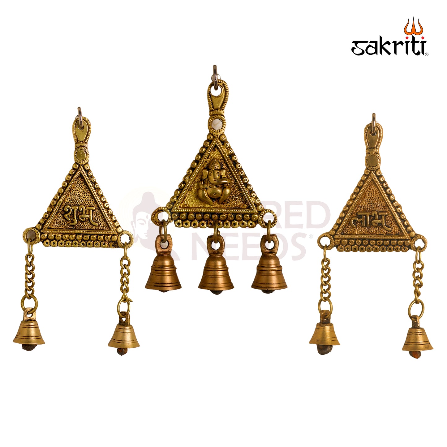 Sacred Needs Brass Shubh Labh with Ganesha Triangle Wall Hanging – 8.5 Inch Height (4.1 Inch Length) | Decorative & Auspicious Wall Mount for Pooja Room, Temple & Home Décor