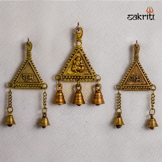 Sacred Needs Brass Shubh Labh with Ganesha Triangle Wall Hanging – 8.5 Inch Height (4.1 Inch Length) | Decorative & Auspicious Wall Mount for Pooja Room, Temple & Home Décor