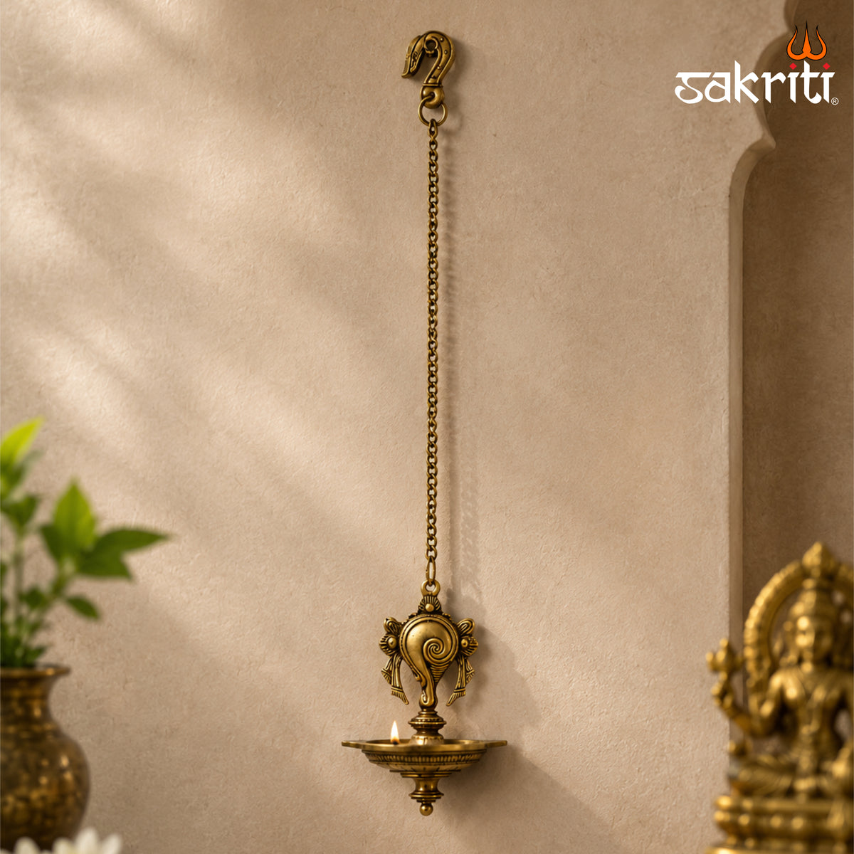 Brass 5 Mukh Shank Hanging Vilakku – 22 Inch (55.9 cm) Height | Traditional Brass Hanging Oil Lamp for Pooja Room, Temple & Home Decor
