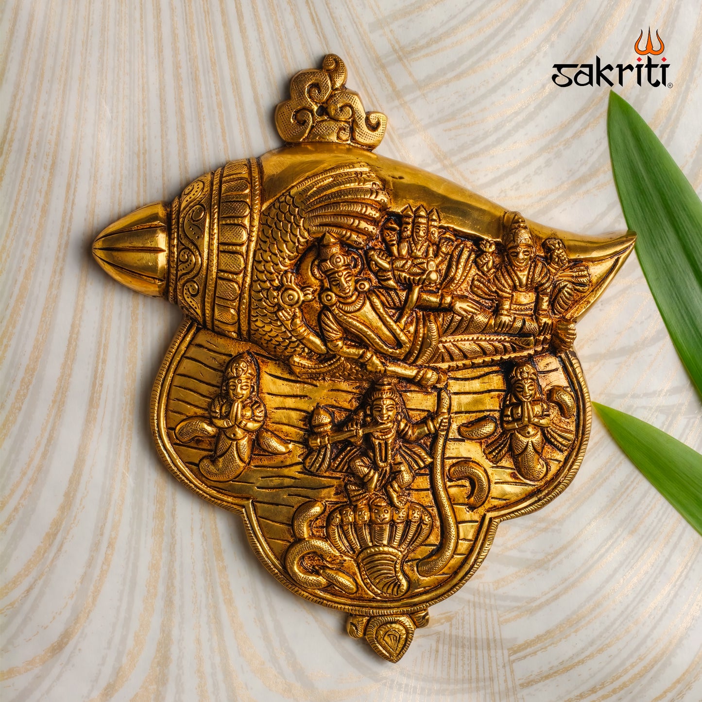 Sacred Needs Brass Vishnu with Shankh Wall Mount – 9.2 Inch Height (8 Inch Length) | Auspicious Wall Hanging for Pooja Room, Temple & Home Décor