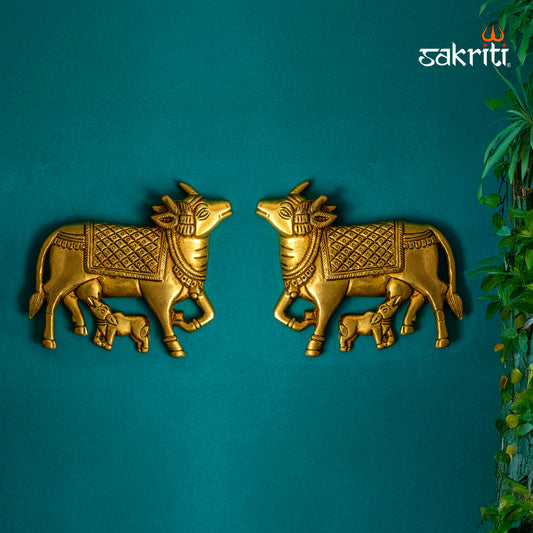 Sacred Needs Brass Cow & Calf Wall Mount Set – 4.6 Inch (11.7 cm) Height | Kamadhenu Brass Wall Hanging for Pooja Room & Home Décor