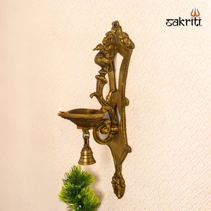 Sacred Needs Brass Annam Vilakku with Bell Wall Mount – 13 Inch (33 cm) Height | Traditional Brass Wall Lamp for Pooja Room & Temple