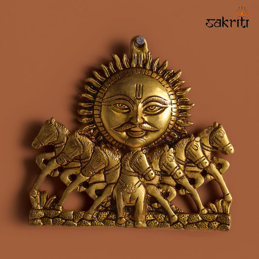 Sacred Needs Brass Sun Plate with Horse – 8 Inch (20.3 cm) | Wall Mounted Surya Face with Horse Design for Home & Pooja Room Décor