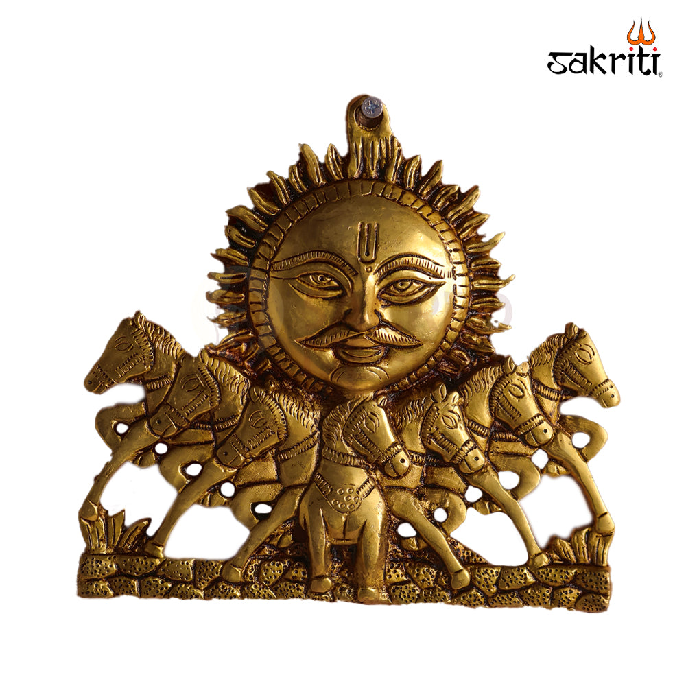 Sacred Needs Brass Sun Plate with Horse – 8 Inch (20.3 cm) | Wall Mounted Surya Face with Horse Design for Home & Pooja Room Décor