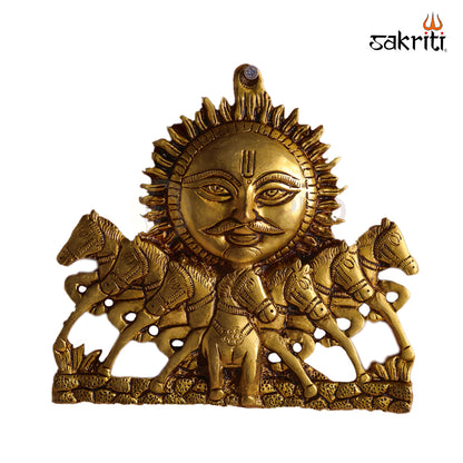 Sacred Needs Brass Sun Plate with Horse – 8 Inch (20.3 cm) | Wall Mounted Surya Face with Horse Design for Home & Pooja Room Décor