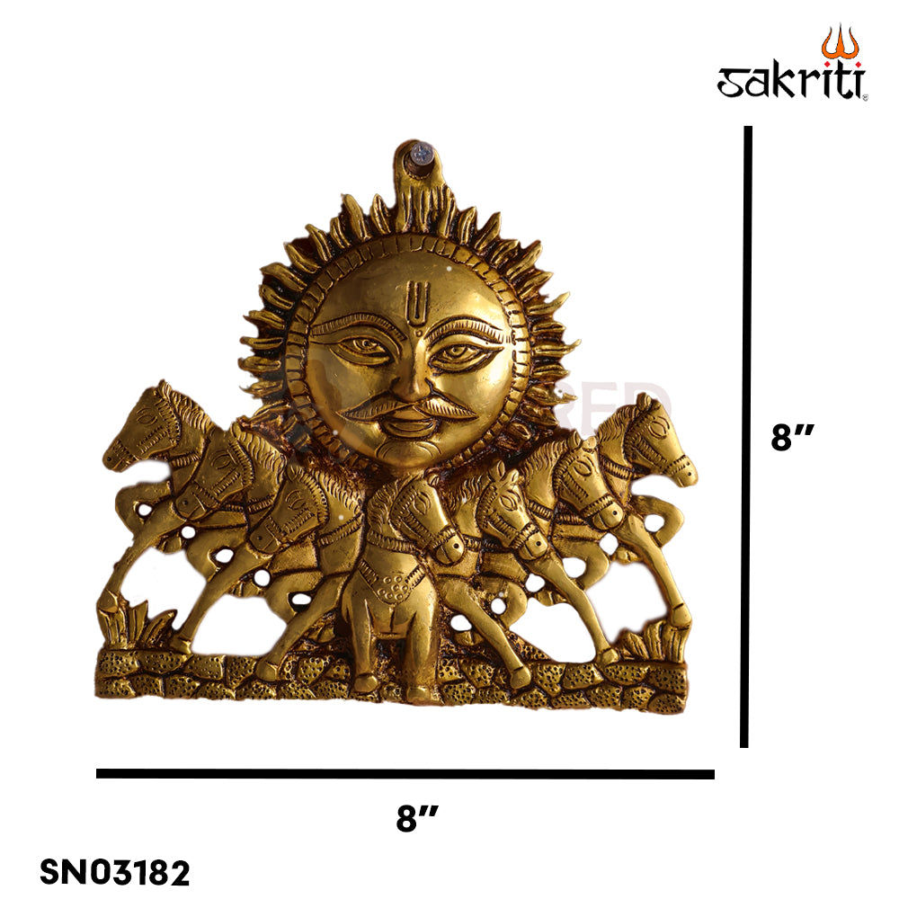 Sacred Needs Brass Sun Plate with Horse – 8 Inch (20.3 cm) | Wall Mounted Surya Face with Horse Design for Home & Pooja Room Décor