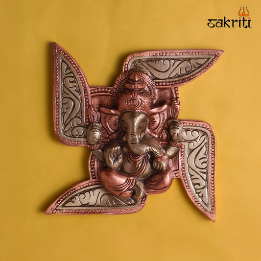 Sacred Needs Brass Swastik Ganesha Wall Mount – 6.3 Inch (16 cm) Height | Auspicious Swastik Ganesh Wall Hanging for Pooja Room & Home Entrance