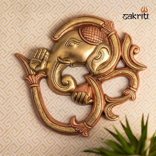 Sacred Needs Brass Om Ganesha Wall Mounted Plate – 8 Inch (20.3 cm) Height | Auspicious Brass Wall Décor for Pooja Room & Home