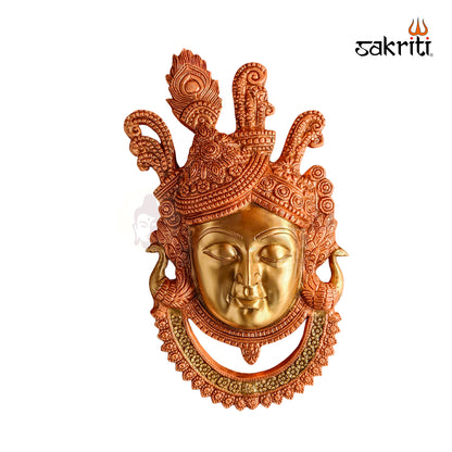 Sacred Needs Brass Krishna Head Wall Mount Plate – 18.6 Inch (47.2 cm) Height | Decorative Brass Krishna Face Wall Hanging for Pooja Room & Home Décor