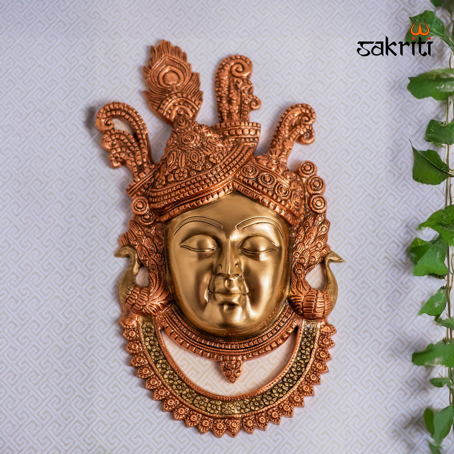 Sacred Needs Brass Krishna Head Wall Mount Plate – 18.6 Inch (47.2 cm) Height | Decorative Brass Krishna Face Wall Hanging for Pooja Room & Home Décor