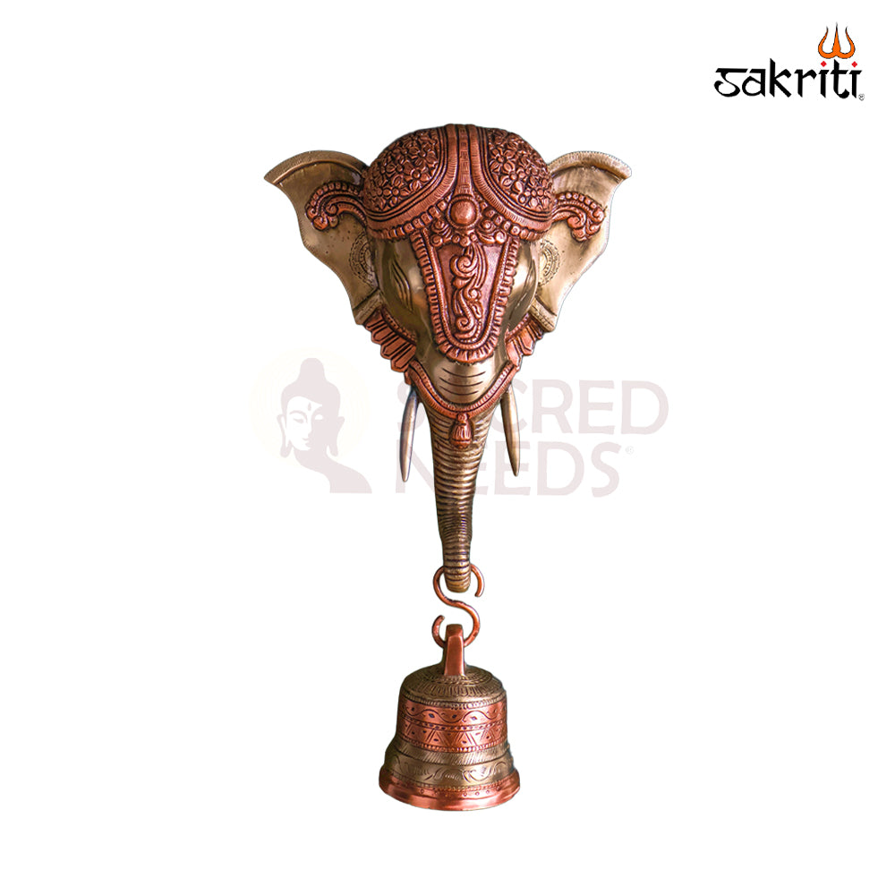 Sacred Needs Brass Elephant Head with Bell Wall Mount – 14.5 Inch (36.8 cm) Height | Decorative Brass Ganesha Elephant Head Hanging for Entrance & Pooja Room