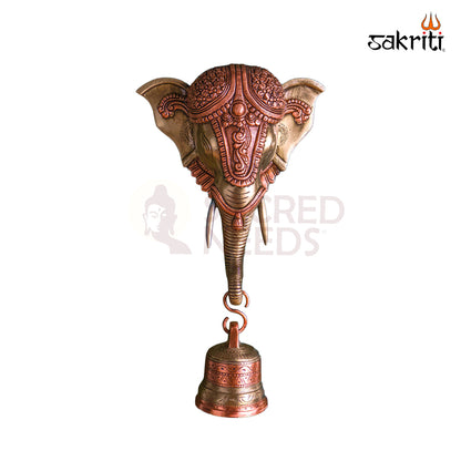Sacred Needs Brass Elephant Head with Bell Wall Mount – 14.5 Inch (36.8 cm) Height | Decorative Brass Ganesha Elephant Head Hanging for Entrance & Pooja Room